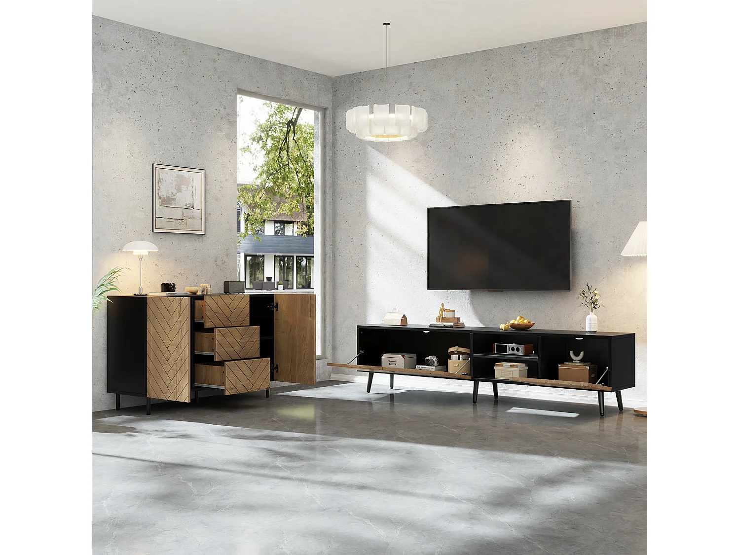 2-delige woonkamerset - tv-meubel + dressoir - met lades + deuren + plank - spaanplaat - naturel