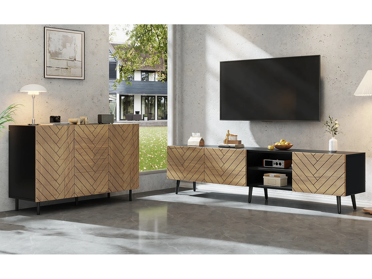 2-delige woonkamerset - tv-meubel + dressoir - met lades + deuren + plank - spaanplaat - naturel