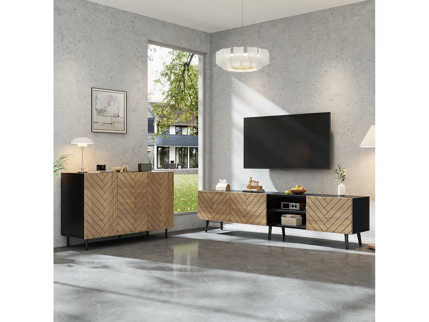 2-delige woonkamerset - tv-meubel + dressoir - met lades + deuren + plank - spaanplaat - naturel