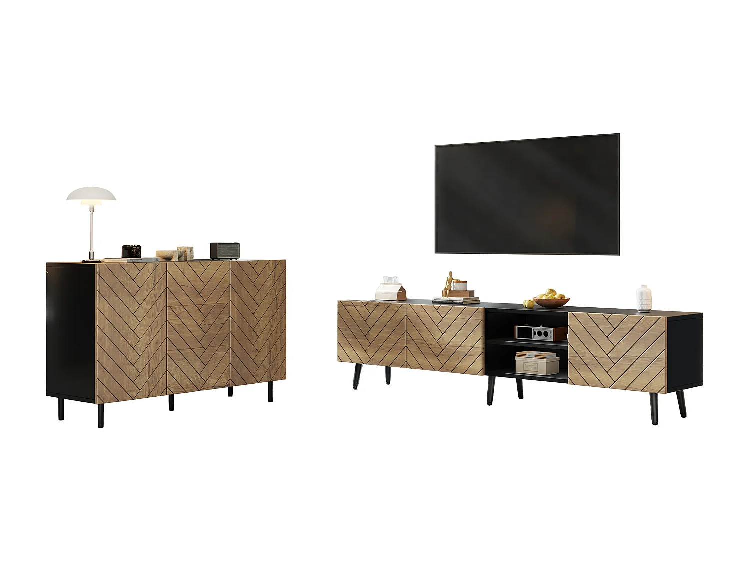 2-delige woonkamerset - tv-meubel + dressoir - met lades + deuren + plank - spaanplaat - naturel
