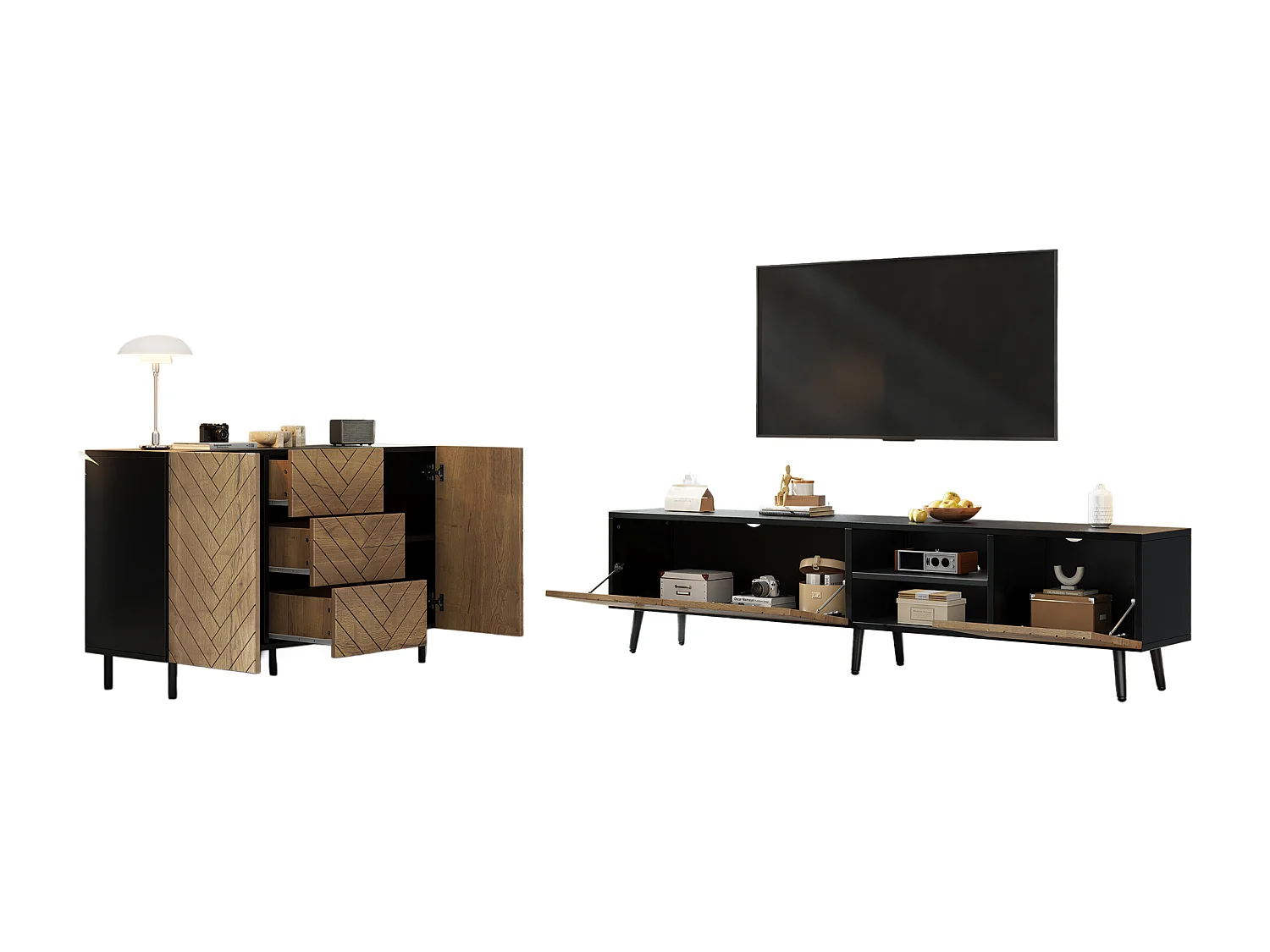 2-delige woonkamerset - tv-meubel + dressoir - met lades + deuren + plank - spaanplaat - naturel