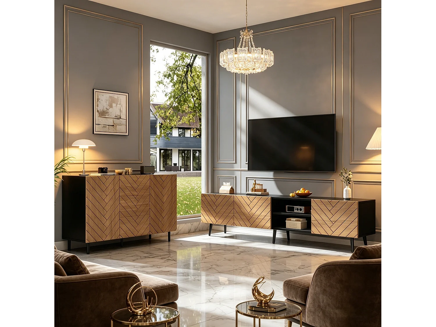 2-delige woonkamerset - tv-meubel + dressoir - met lades + deuren + plank - spaanplaat - naturel