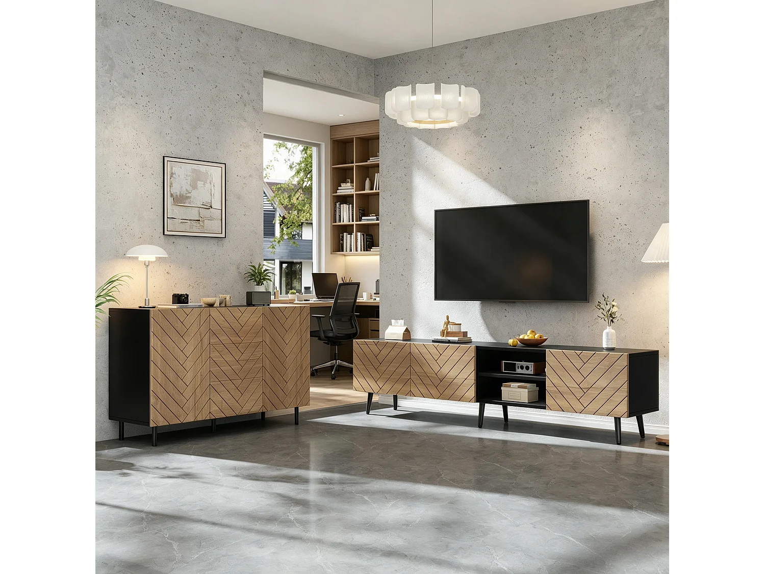 2-delige woonkamerset - tv-meubel + dressoir - met lades + deuren + plank - spaanplaat - naturel