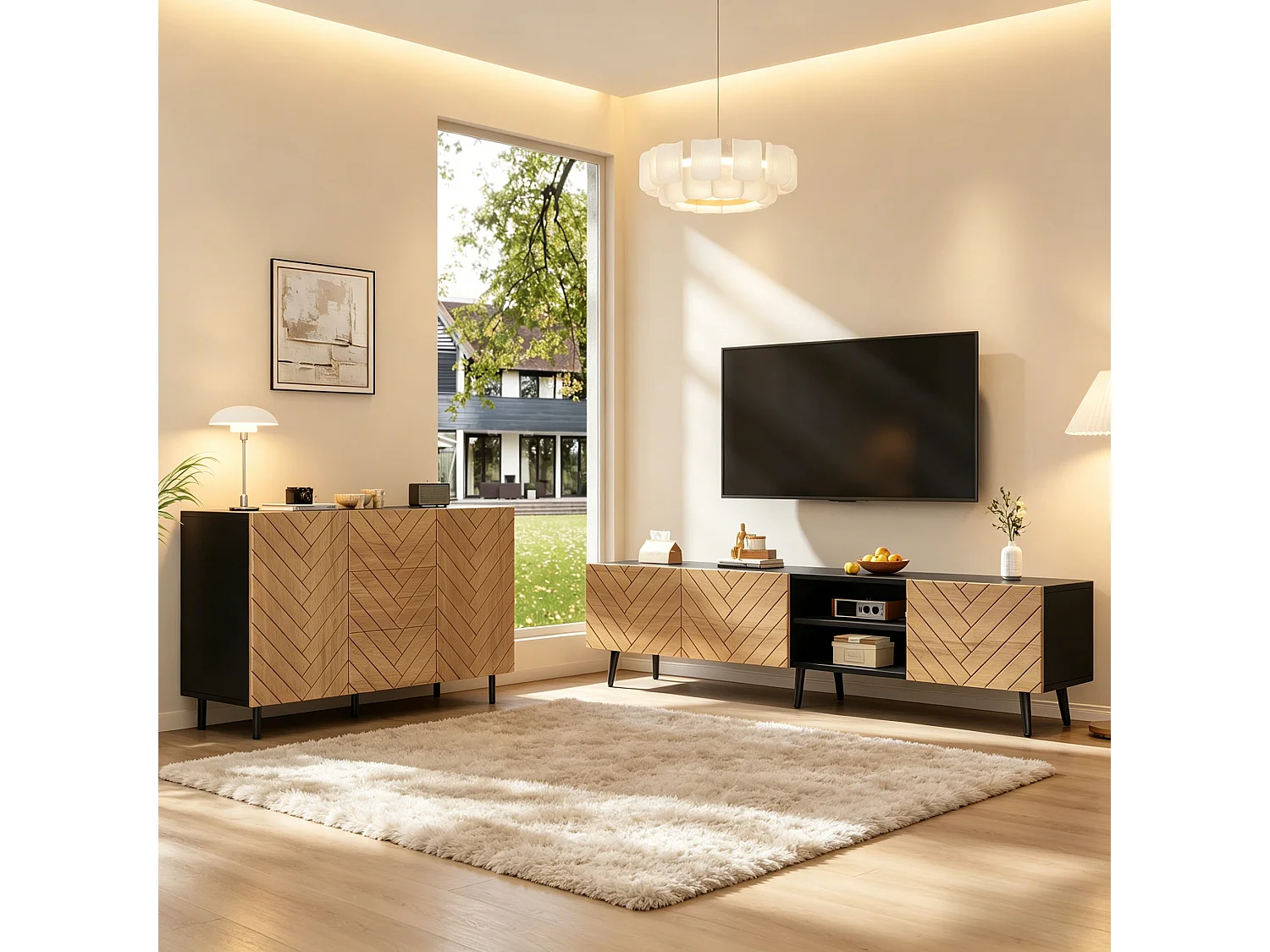 2-delige woonkamerset - tv-meubel + dressoir - met lades + deuren + plank - spaanplaat - naturel
