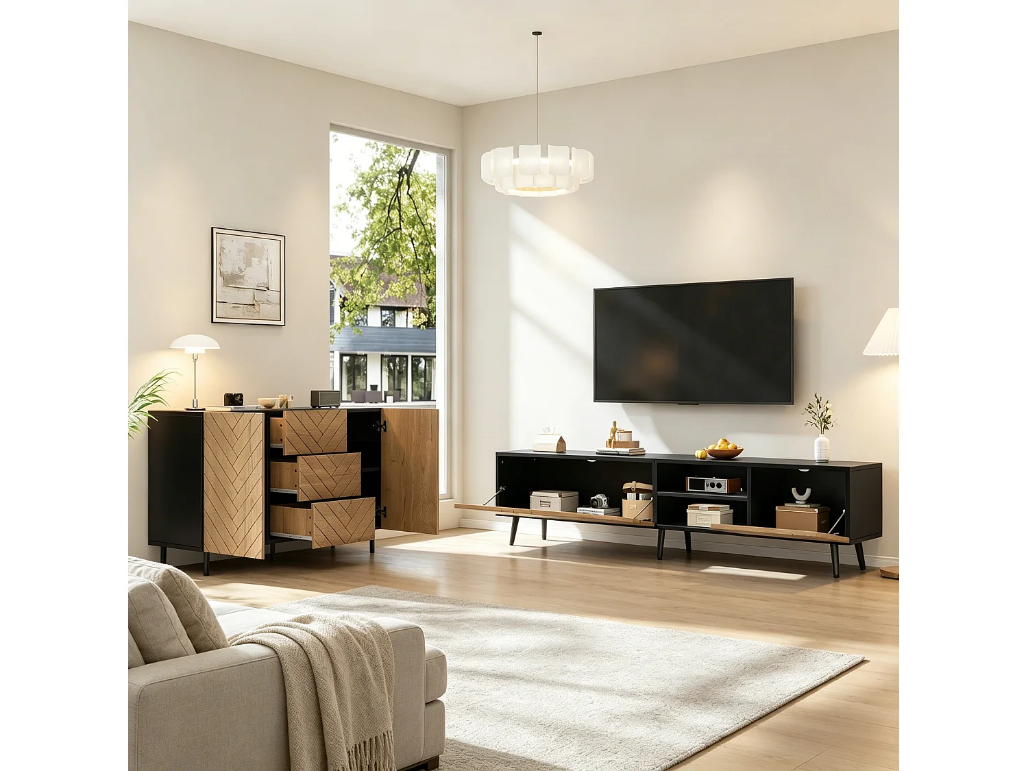 2-delige woonkamerset - tv-meubel + dressoir - met lades + deuren + plank - spaanplaat - naturel