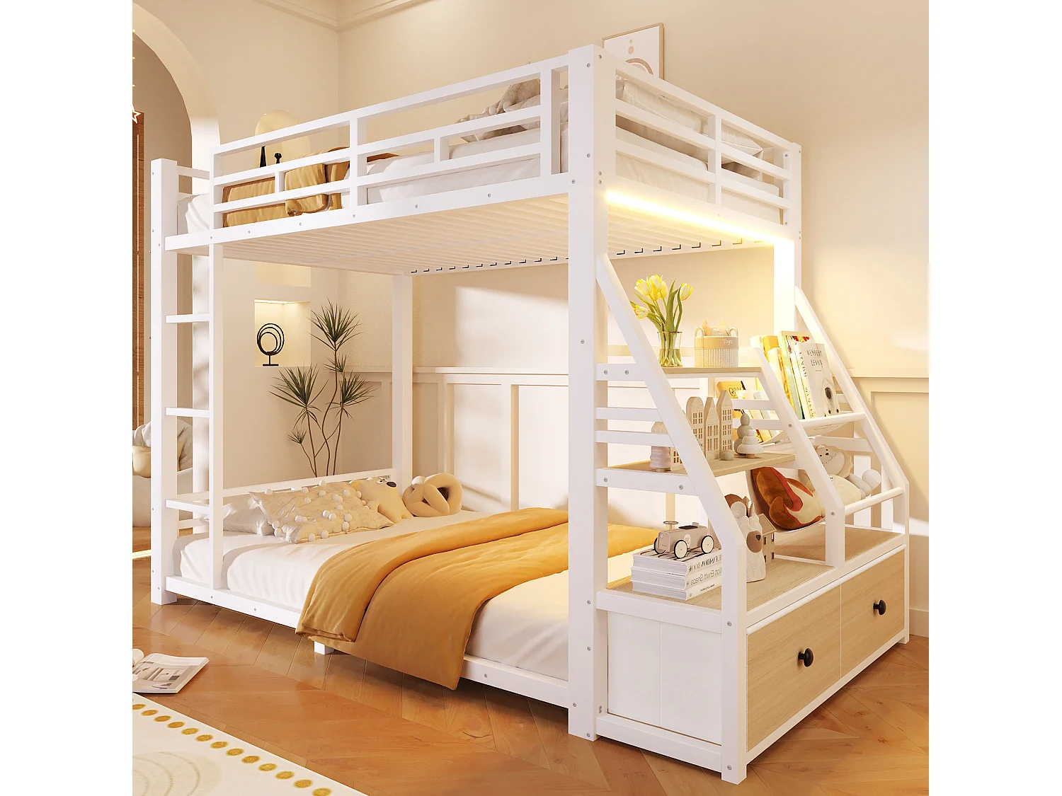Metalen stapelbed - 2 x 90 x 200 cm - met LED-verlichting + 2 stoffen lades + opbergplanken - hout + metaal - wit