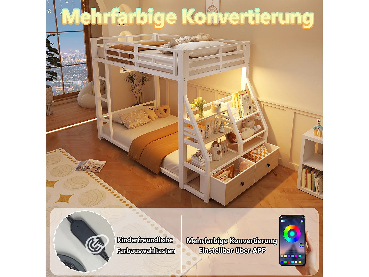 Metalen stapelbed - 2 x 90 x 200 cm - met LED-verlichting + 2 stoffen lades + opbergplanken - hout + metaal - wit