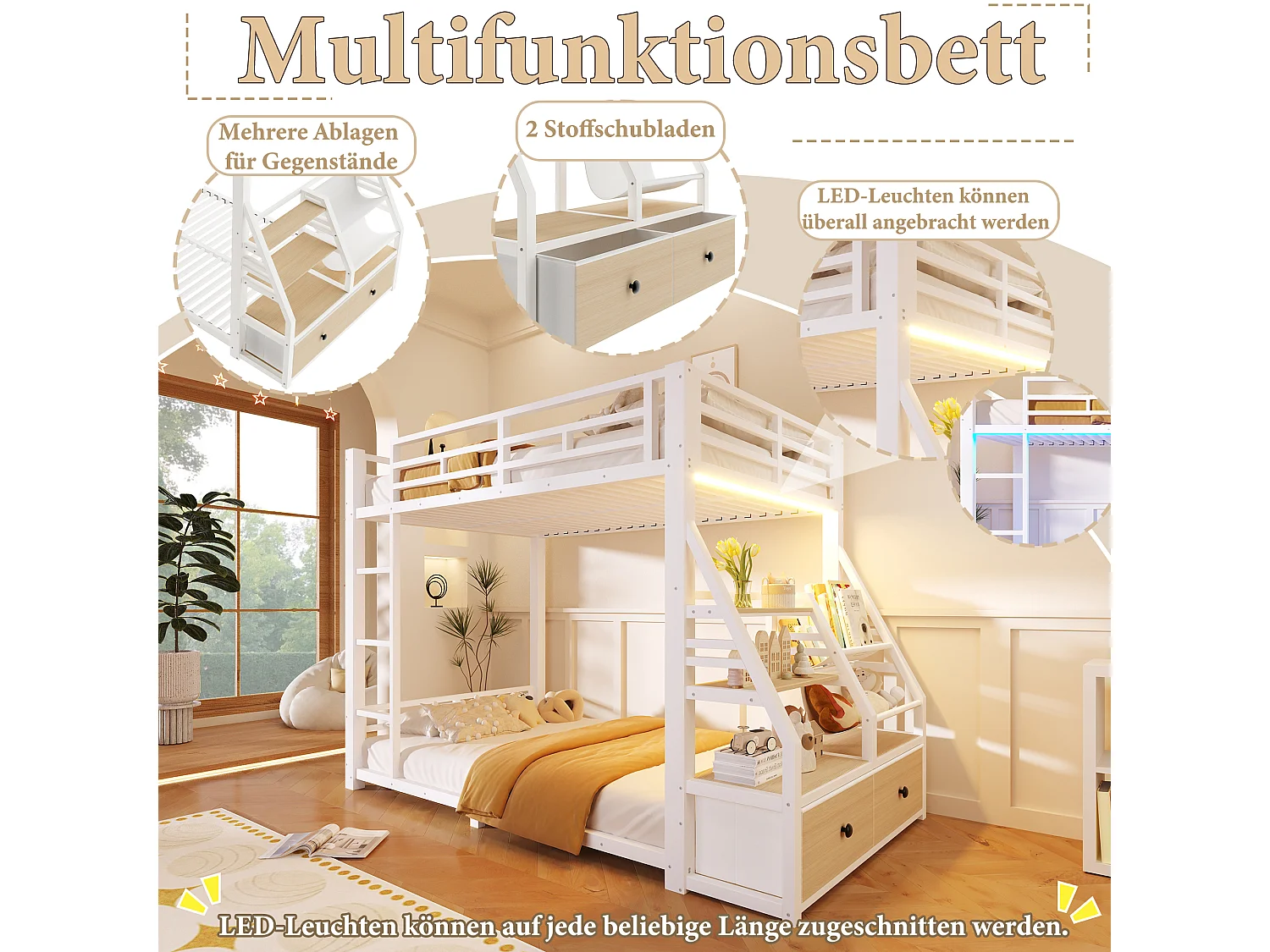 Metalen stapelbed - 2 x 90 x 200 cm - met LED-verlichting + 2 stoffen lades + opbergplanken - hout + metaal - wit