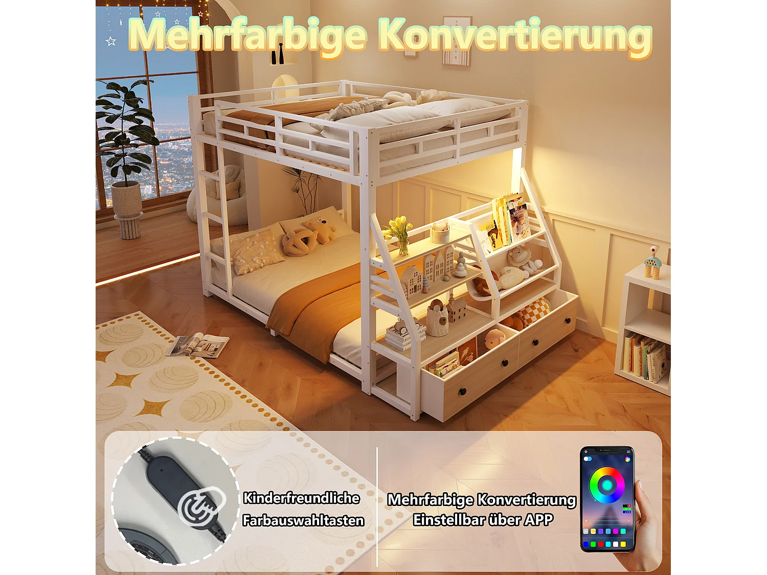 Metalen stapelbed - 2 x 140 x 200 cm - met LED-verlichting + 2 stoffen lades + opbergplanken - hout + metaal - wit