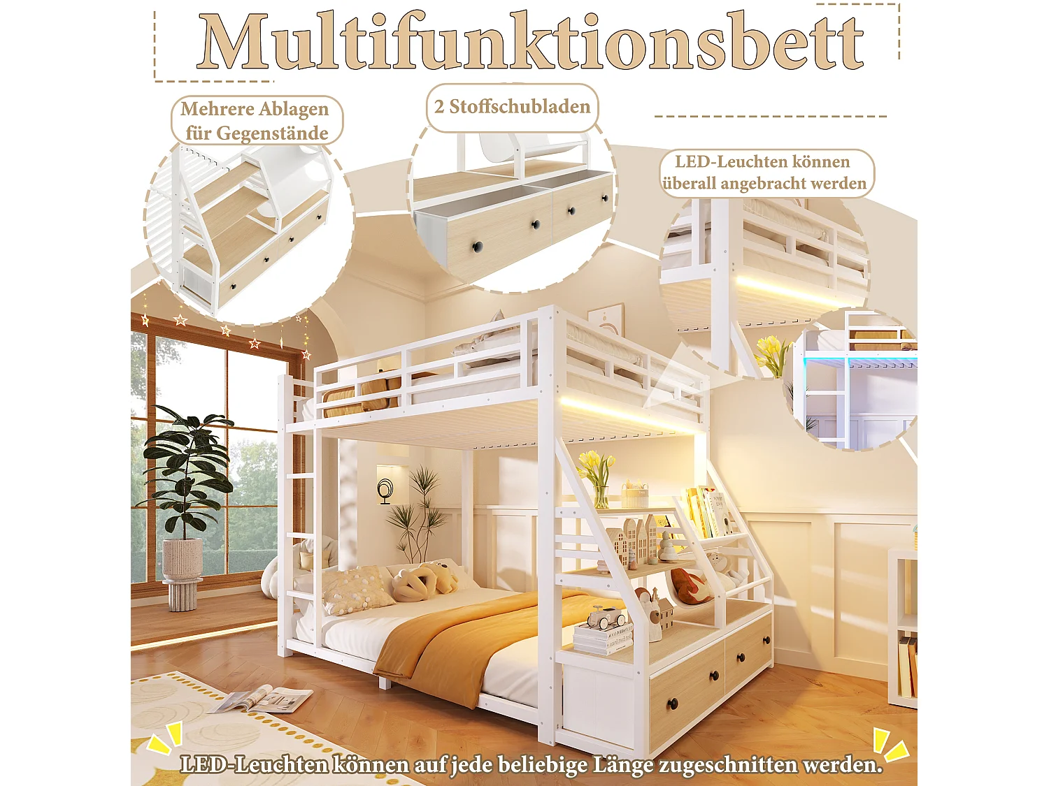 Metalen stapelbed - 2 x 140 x 200 cm - met LED-verlichting + 2 stoffen lades + opbergplanken - hout + metaal - wit