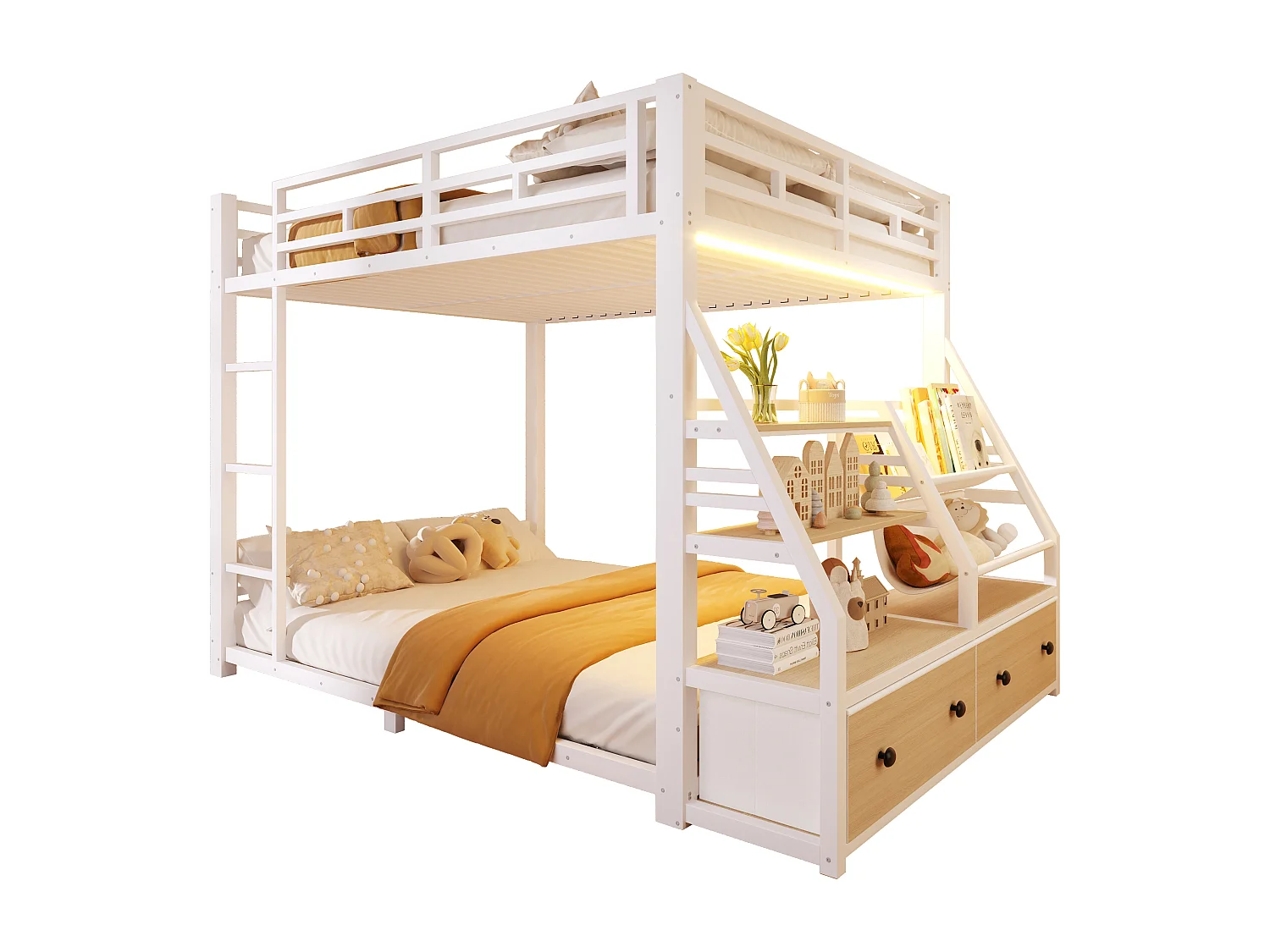 Metalen stapelbed - 2 x 140 x 200 cm - met LED-verlichting + 2 stoffen lades + opbergplanken - hout + metaal - wit
