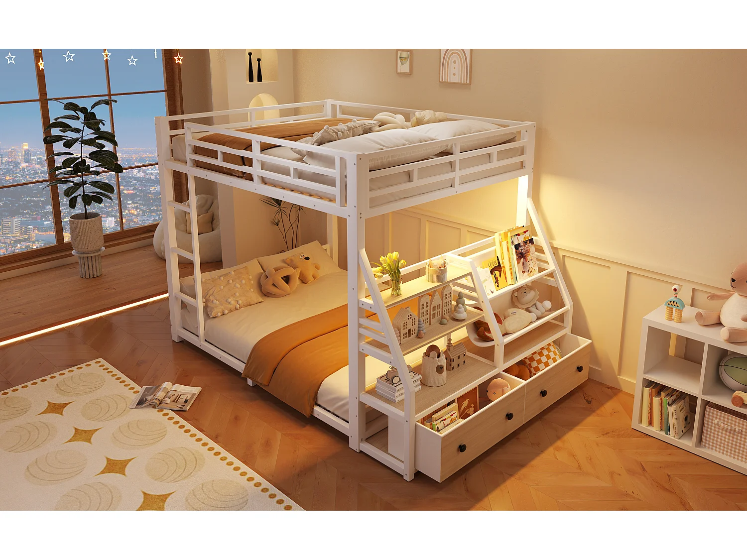 Metalen stapelbed - 2 x 140 x 200 cm - met LED-verlichting + 2 stoffen lades + opbergplanken - hout + metaal - wit