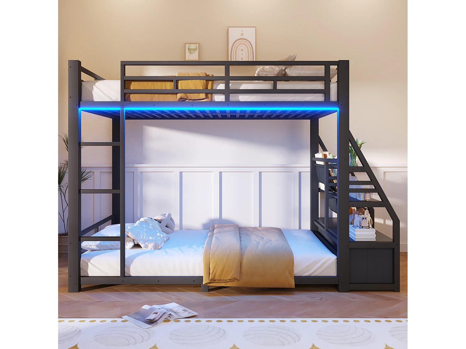 Metall-Etagenbett – 2 x 90 x 200 cm – mit LED-Beleuchtung, 2 Stoffschubladen und Ablagefächern – Holz und Metall – schwarz