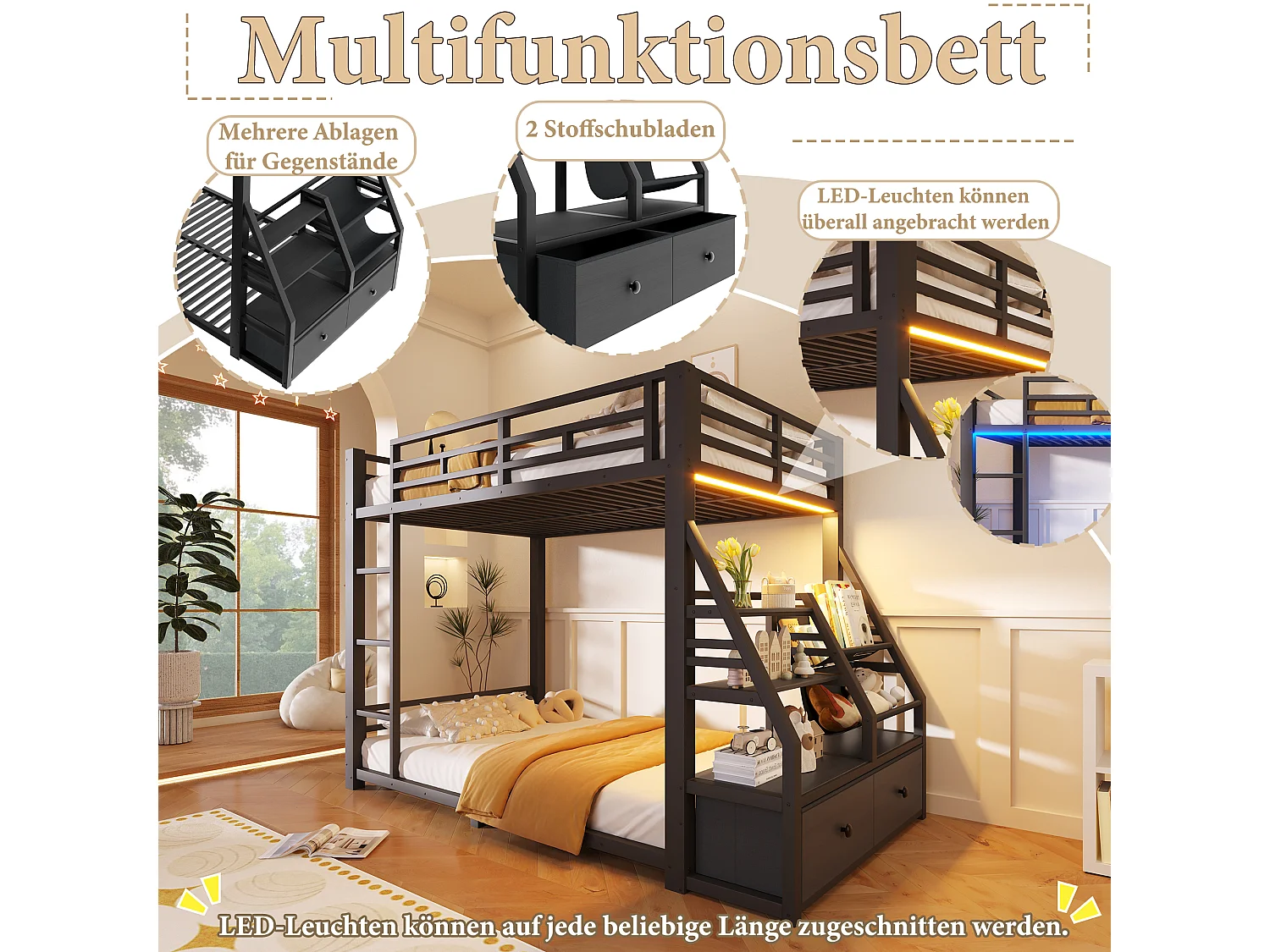Metall-Etagenbett – 2 x 90 x 200 cm – mit LED-Beleuchtung, 2 Stoffschubladen und Ablagefächern – Holz und Metall – schwarz