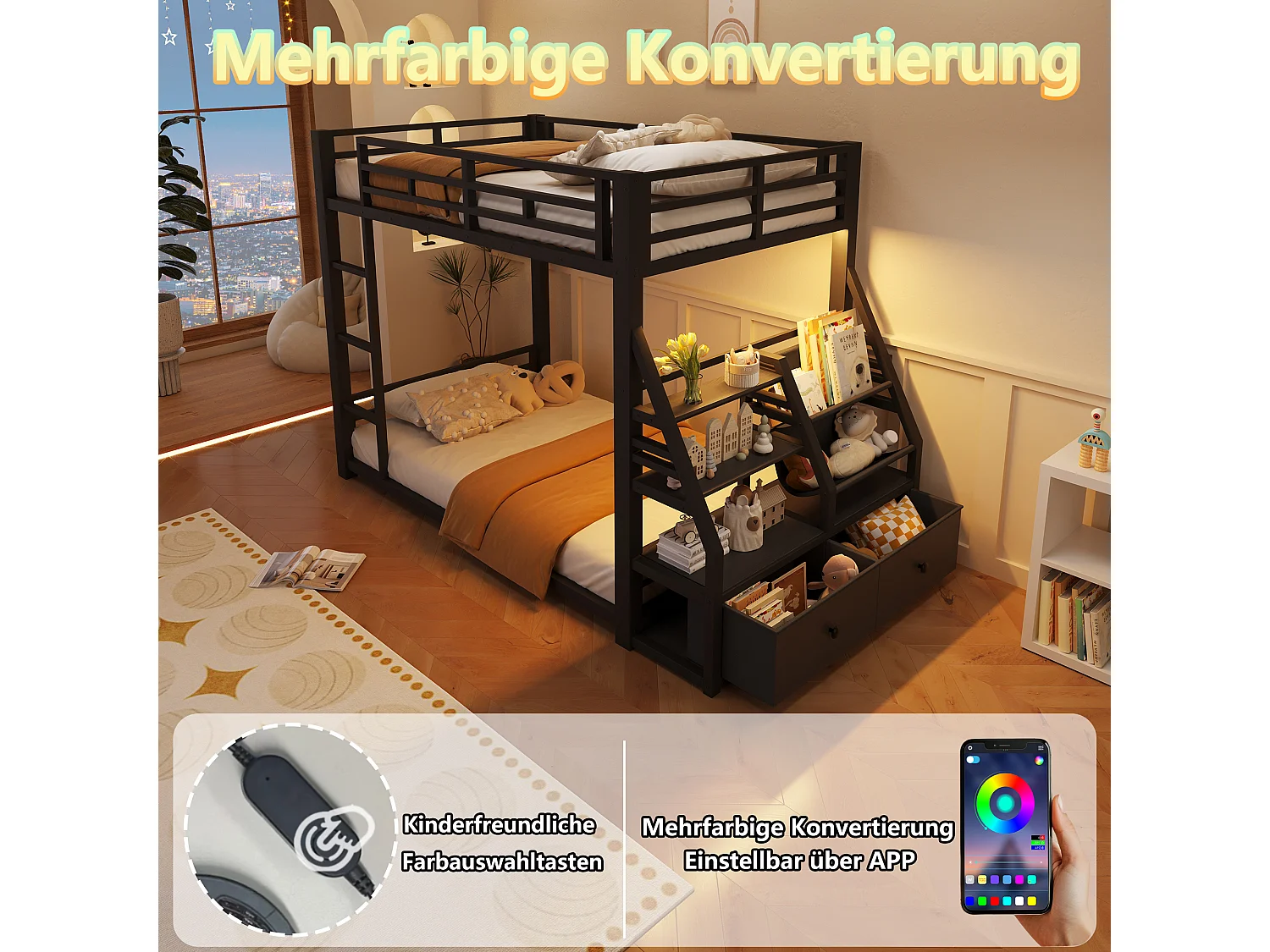 Metall-Etagenbett – 2 x 90 x 200 cm – mit LED-Beleuchtung, 2 Stoffschubladen und Ablagefächern – Holz und Metall – schwarz
