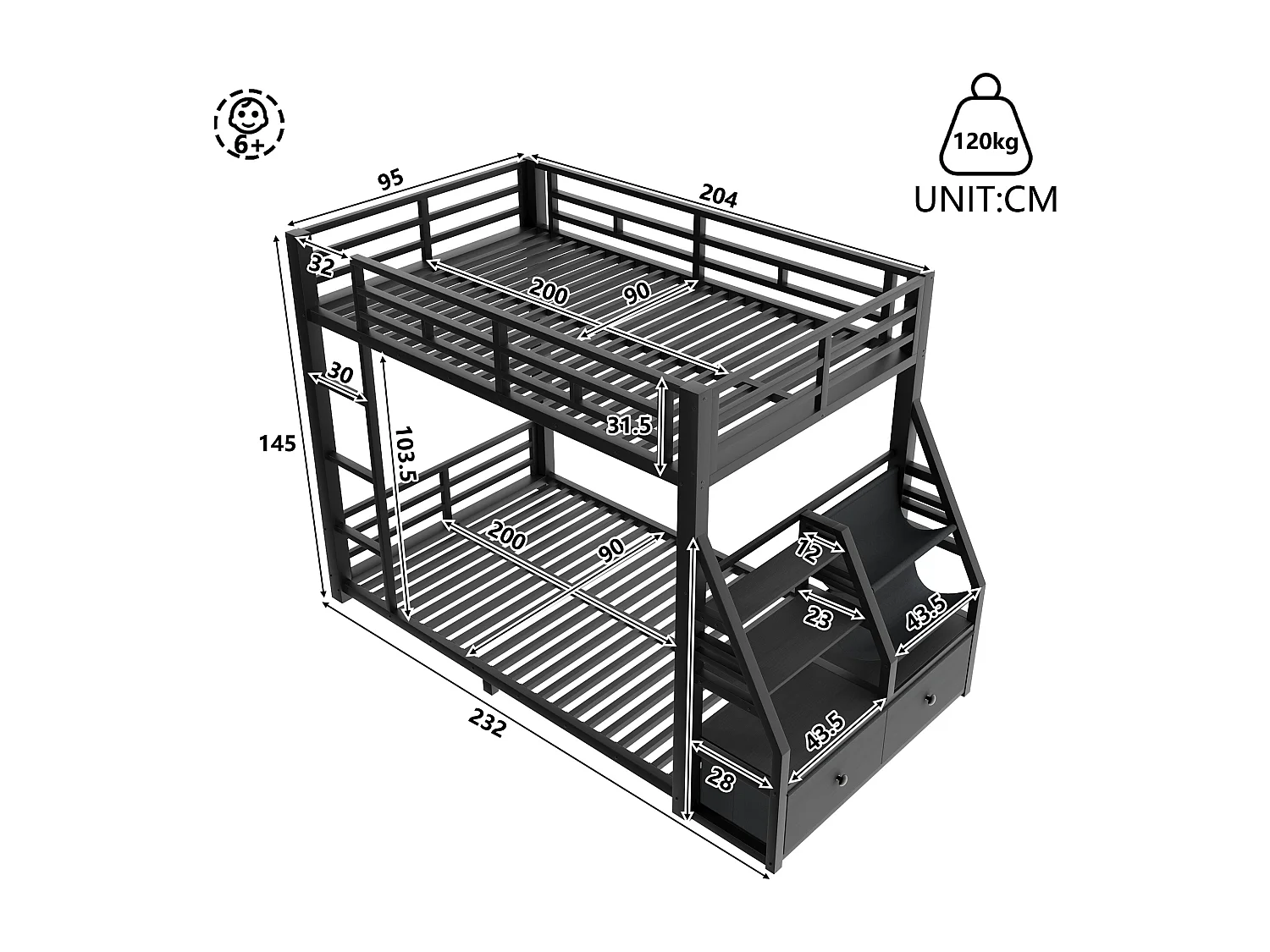 Metall-Etagenbett – 2 x 90 x 200 cm – mit LED-Beleuchtung, 2 Stoffschubladen und Ablagefächern – Holz und Metall – schwarz