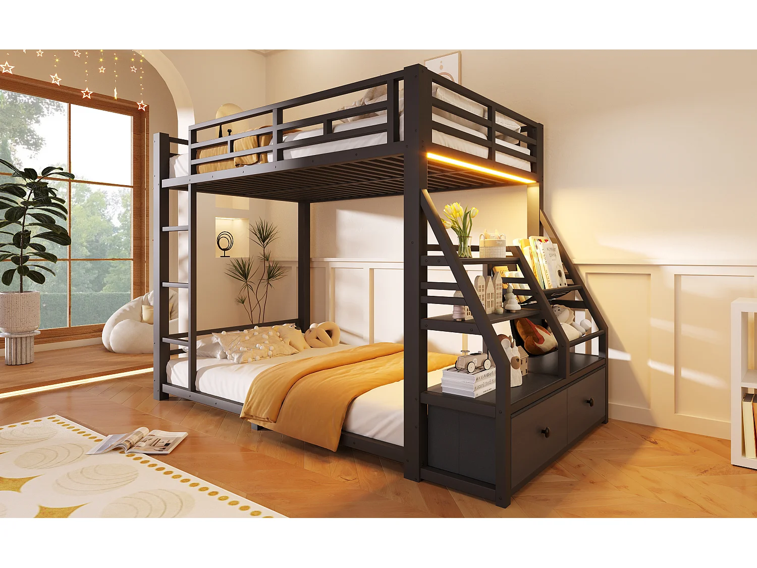 Metall-Etagenbett – 2 x 90 x 200 cm – mit LED-Beleuchtung, 2 Stoffschubladen und Ablagefächern – Holz und Metall – schwarz