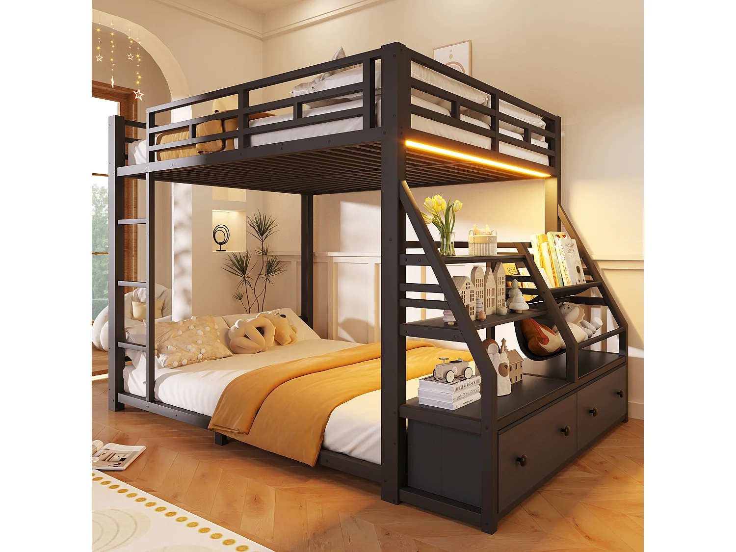 Metall-Etagenbett – 2 x 140 x 200 cm – mit LED-Beleuchtung + 2 Stoffschubladen + Ablagefächern – Holz + Metall – schwarz
