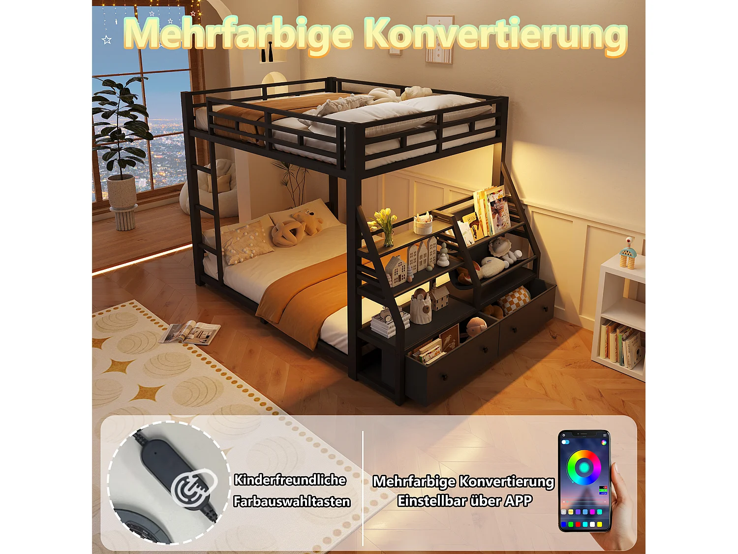 Metall-Etagenbett – 2 x 140 x 200 cm – mit LED-Beleuchtung + 2 Stoffschubladen + Ablagefächern – Holz + Metall – schwarz