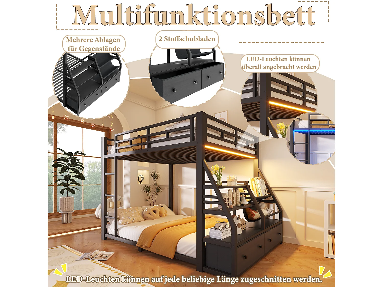 Metall-Etagenbett – 2 x 140 x 200 cm – mit LED-Beleuchtung + 2 Stoffschubladen + Ablagefächern – Holz + Metall – schwarz