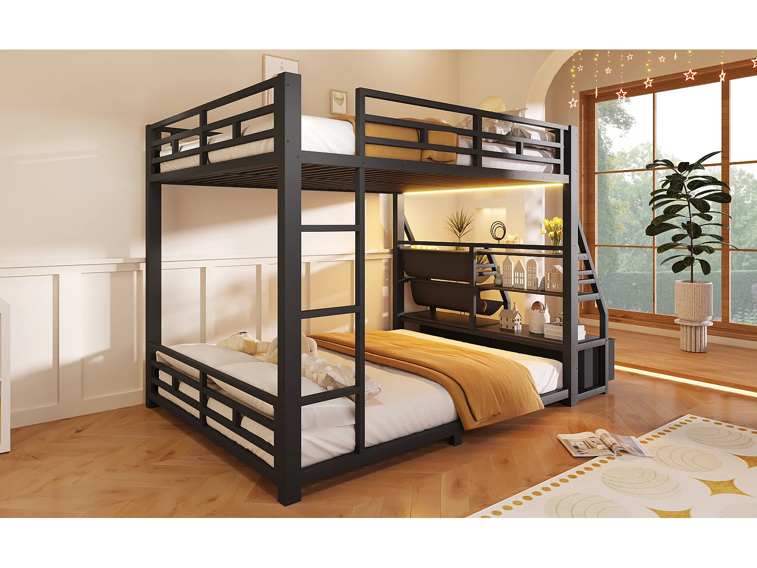 Metall-Etagenbett – 2 x 140 x 200 cm – mit LED-Beleuchtung + 2 Stoffschubladen + Ablagefächern – Holz + Metall – schwarz