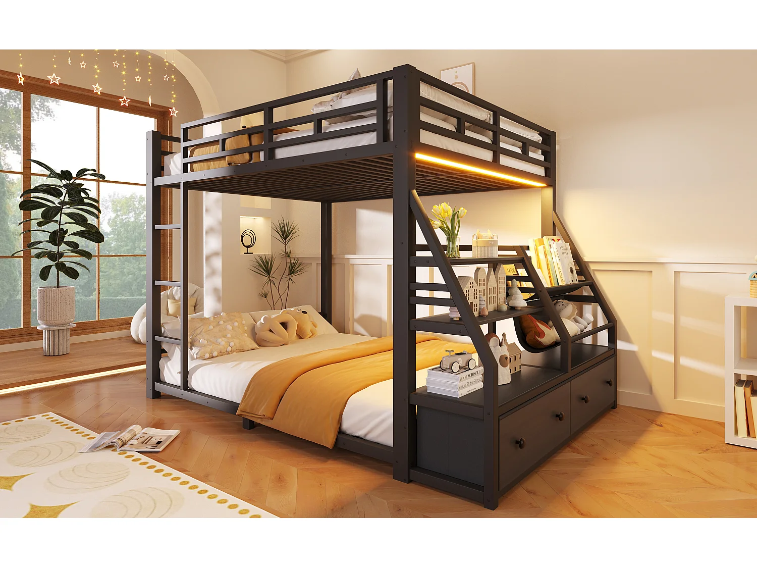 Metall-Etagenbett – 2 x 140 x 200 cm – mit LED-Beleuchtung + 2 Stoffschubladen + Ablagefächern – Holz + Metall – schwarz