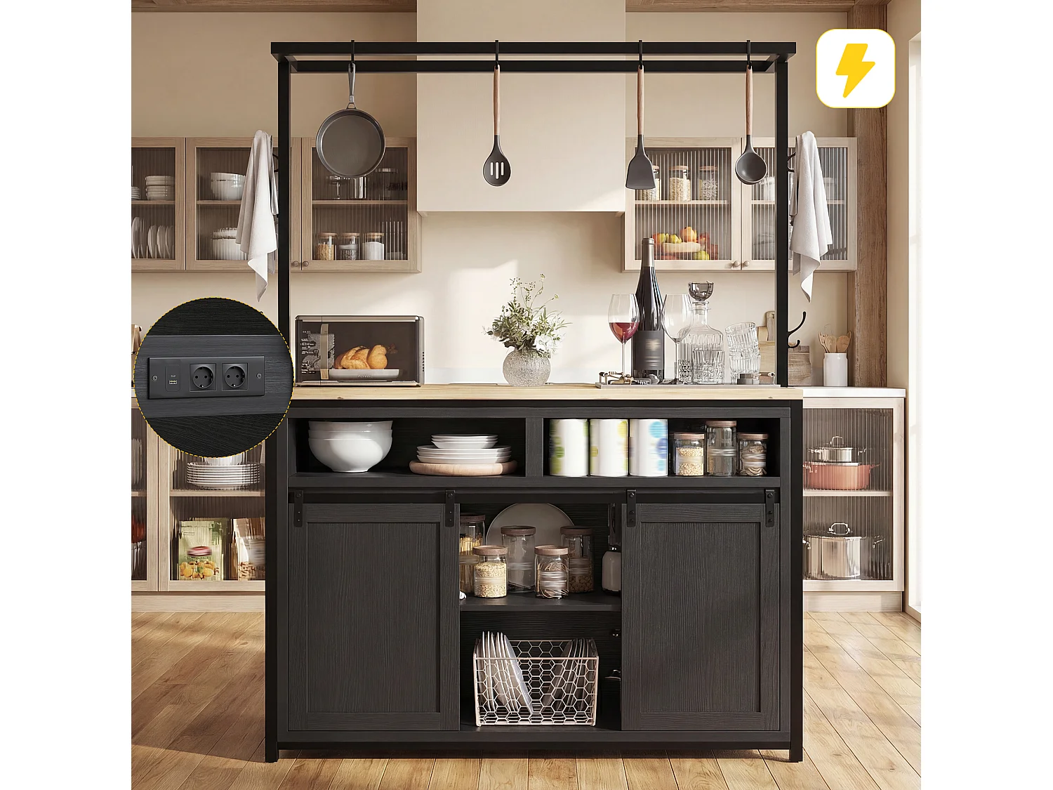 Îlot central avec plan de travail - 107 x 62 x 183 cm - avec étagère + portes coulissantes - MDF + métal - noir