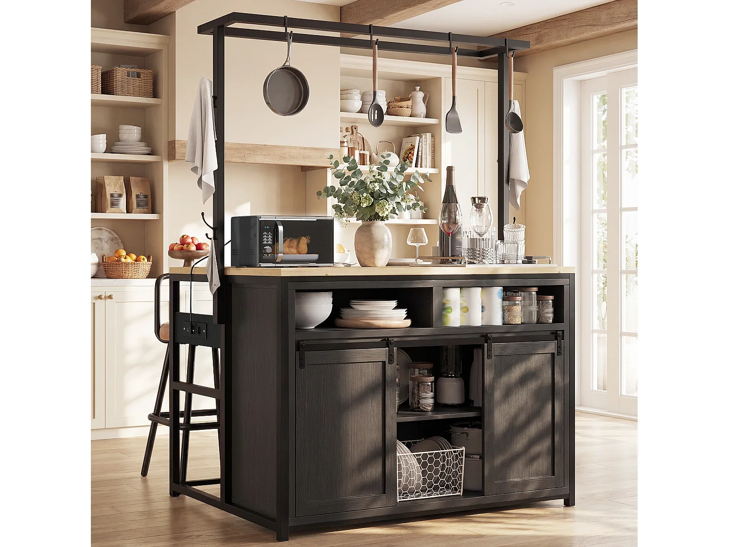 Îlot central avec plan de travail - 107 x 62 x 183 cm - avec étagère + portes coulissantes - MDF + métal - noir