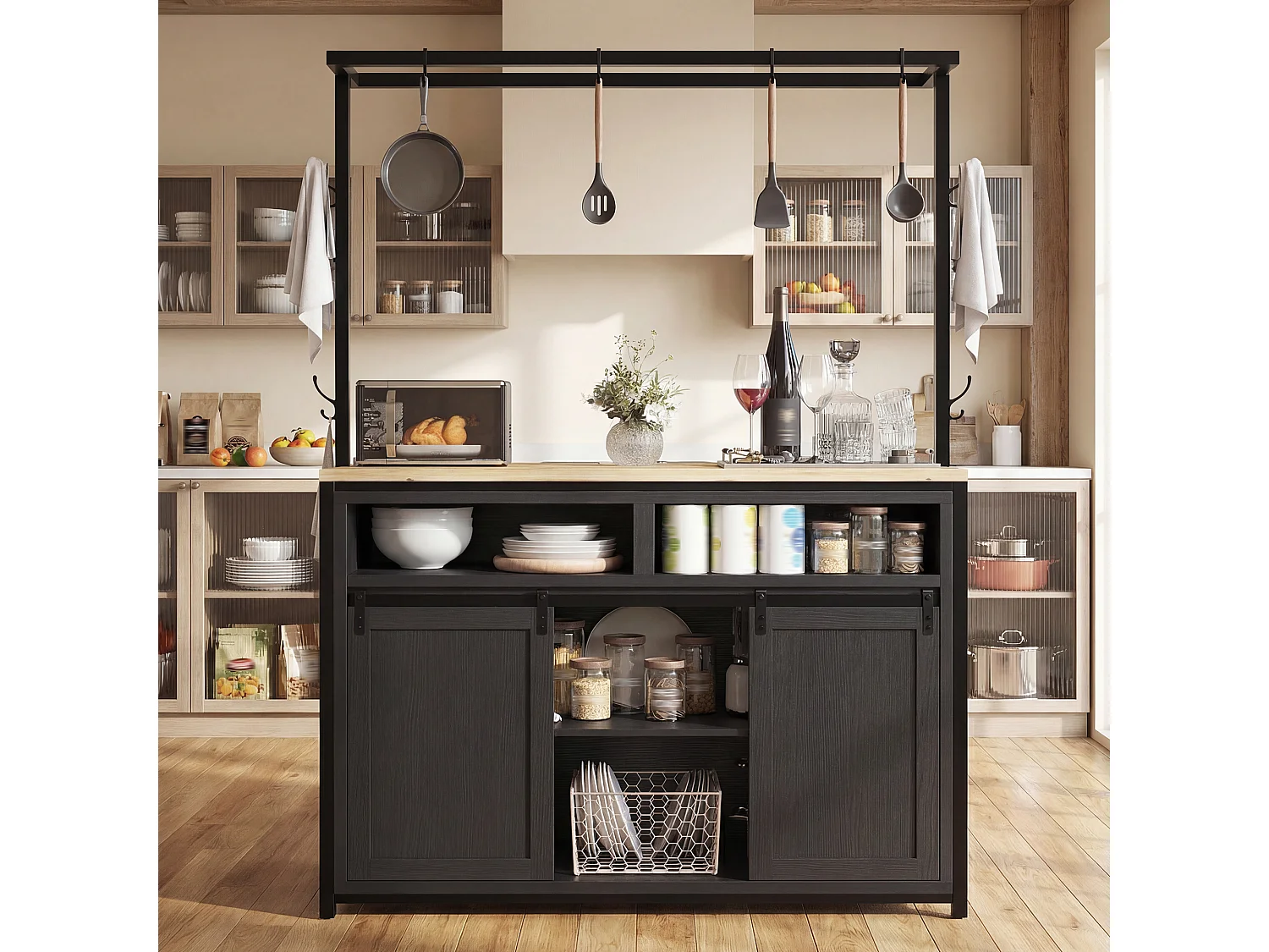 Îlot central avec plan de travail - 107 x 62 x 183 cm - avec étagère + portes coulissantes - MDF + métal - noir