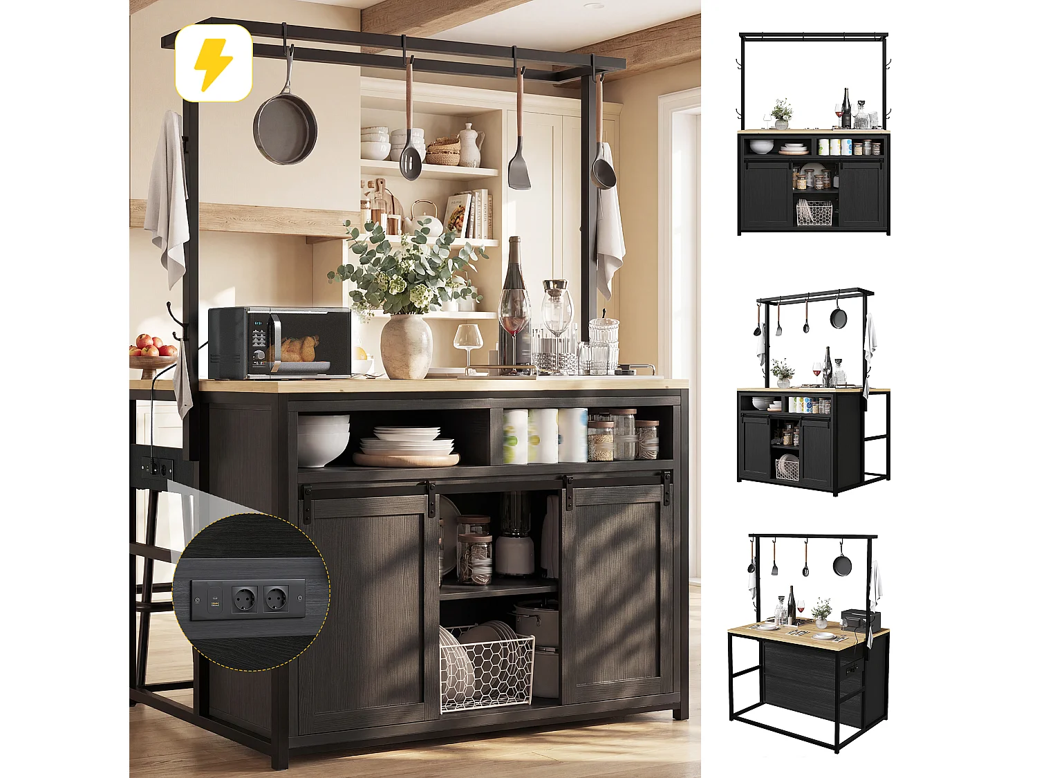 Îlot central avec plan de travail - 107 x 62 x 183 cm - avec étagère + portes coulissantes - MDF + métal - noir