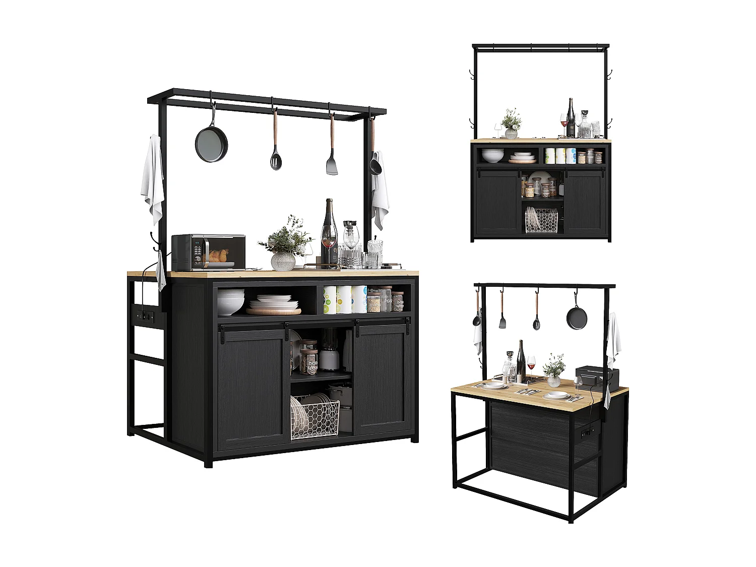 Îlot central avec plan de travail - 107 x 62 x 183 cm - avec étagère + portes coulissantes - MDF + métal - noir