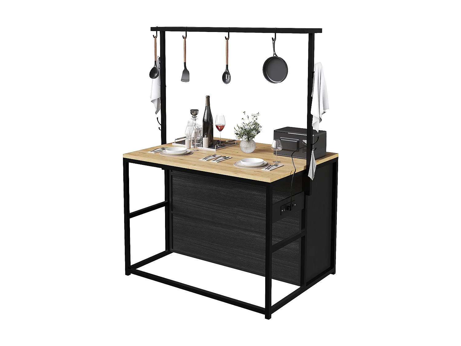 Îlot central avec plan de travail - 107 x 62 x 183 cm - avec étagère + portes coulissantes - MDF + métal - noir