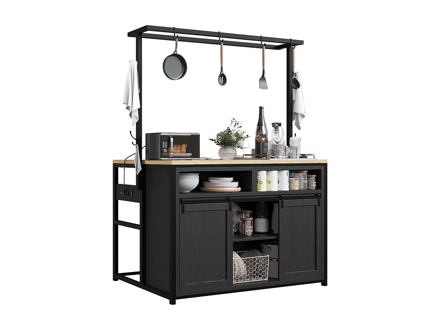 Îlot central avec plan de travail - 107 x 62 x 183 cm - avec étagère + portes coulissantes - MDF + métal - noir