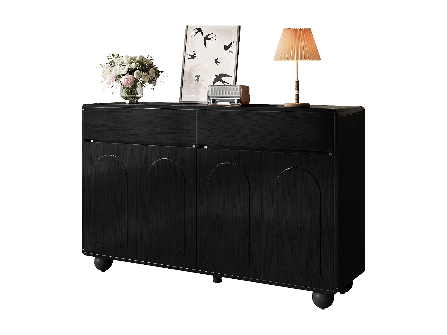 Buffet de salon moderne - 140 x 38 x 89 cm - avec 4 portes + tiroir - pieds ronds en métal - MDF - noir