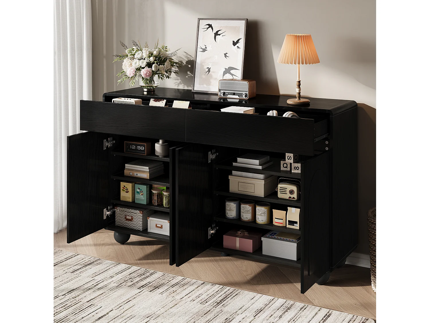 Buffet de salon moderne - 140 x 38 x 89 cm - avec 4 portes + tiroir - pieds ronds en métal - MDF - noir