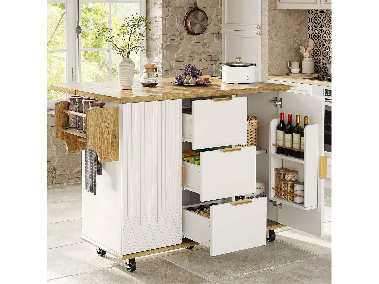 Îlot central avec plan de travail rabattable - 134 x 46/74 x 88 cm - avec portes de rangement + tiroirs - MDF + métal - blanc
