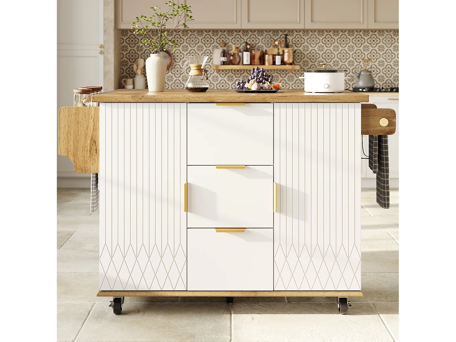 Îlot central avec plan de travail rabattable - 134 x 46/74 x 88 cm - avec portes de rangement + tiroirs - MDF + métal - blanc