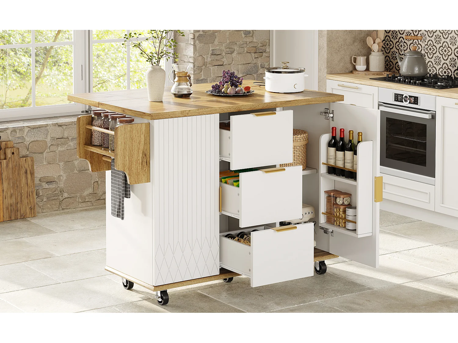 Îlot central avec plan de travail rabattable - 134 x 46/74 x 88 cm - avec portes de rangement + tiroirs - MDF + métal - blanc