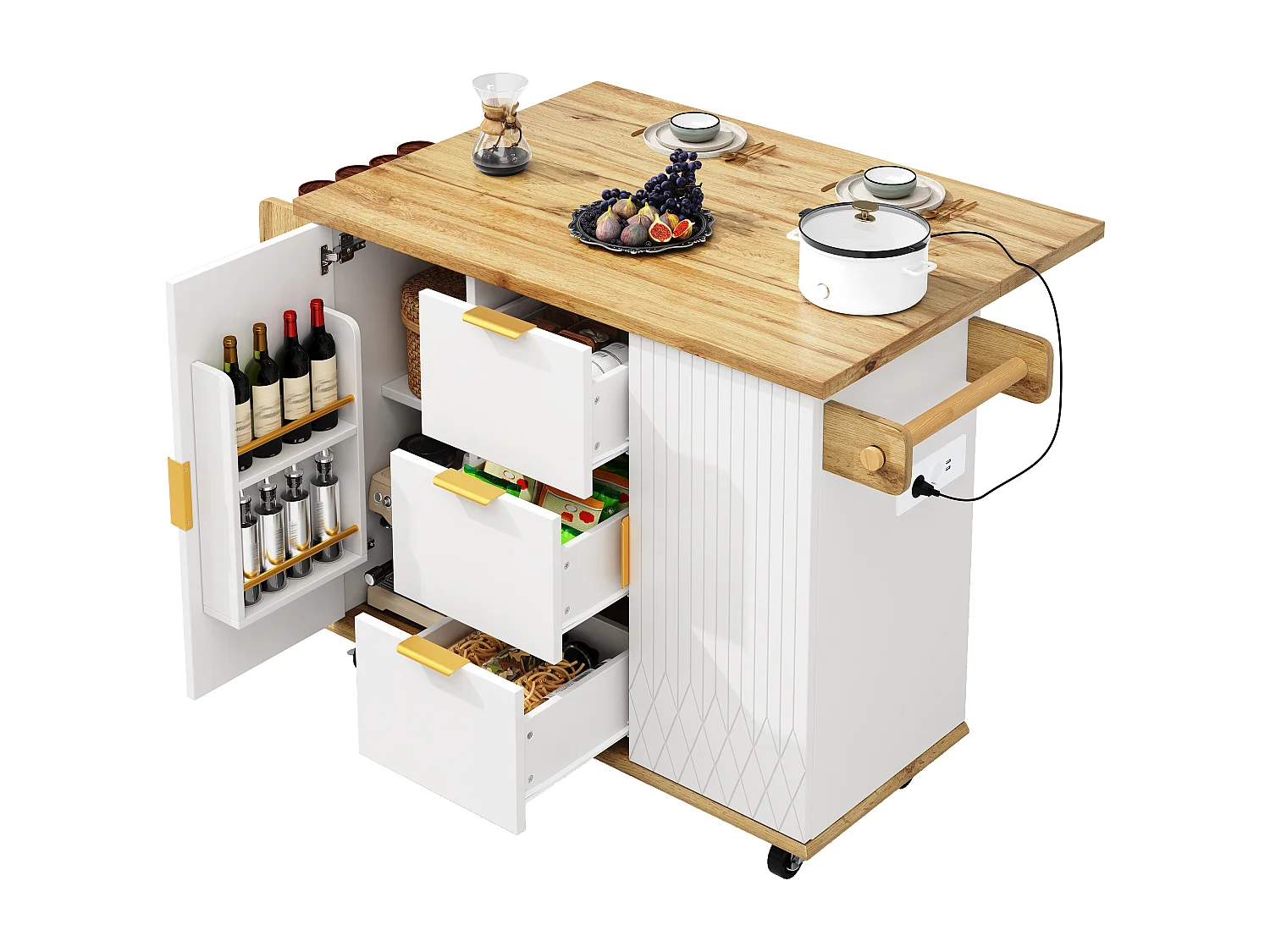 Îlot central avec plan de travail rabattable - 134 x 46/74 x 88 cm - avec portes de rangement + tiroirs - MDF + métal - blanc