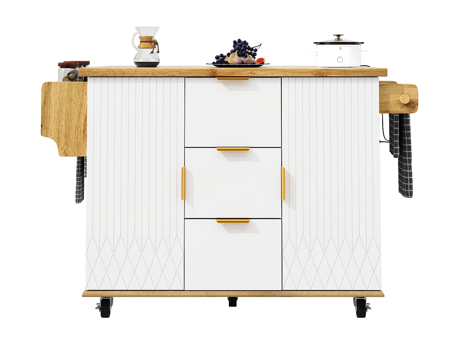 Îlot central avec plan de travail rabattable - 134 x 46/74 x 88 cm - avec portes de rangement + tiroirs - MDF + métal - blanc