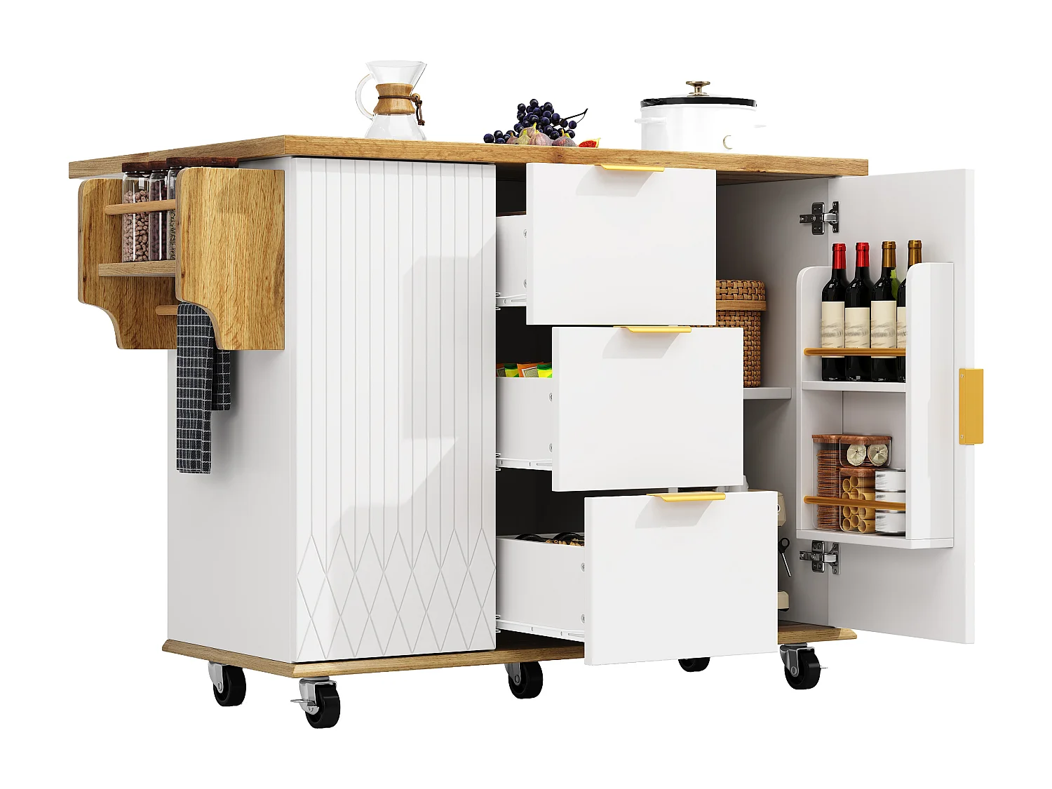 Îlot central avec plan de travail rabattable - 134 x 46/74 x 88 cm - avec portes de rangement + tiroirs - MDF + métal - blanc