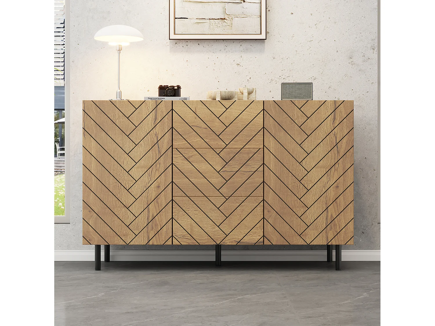 Modern dressoir voor de woonkamer - 120 x 40 x 76 cm - met 3 lades + 2 deuren - spaanplaat - naturel