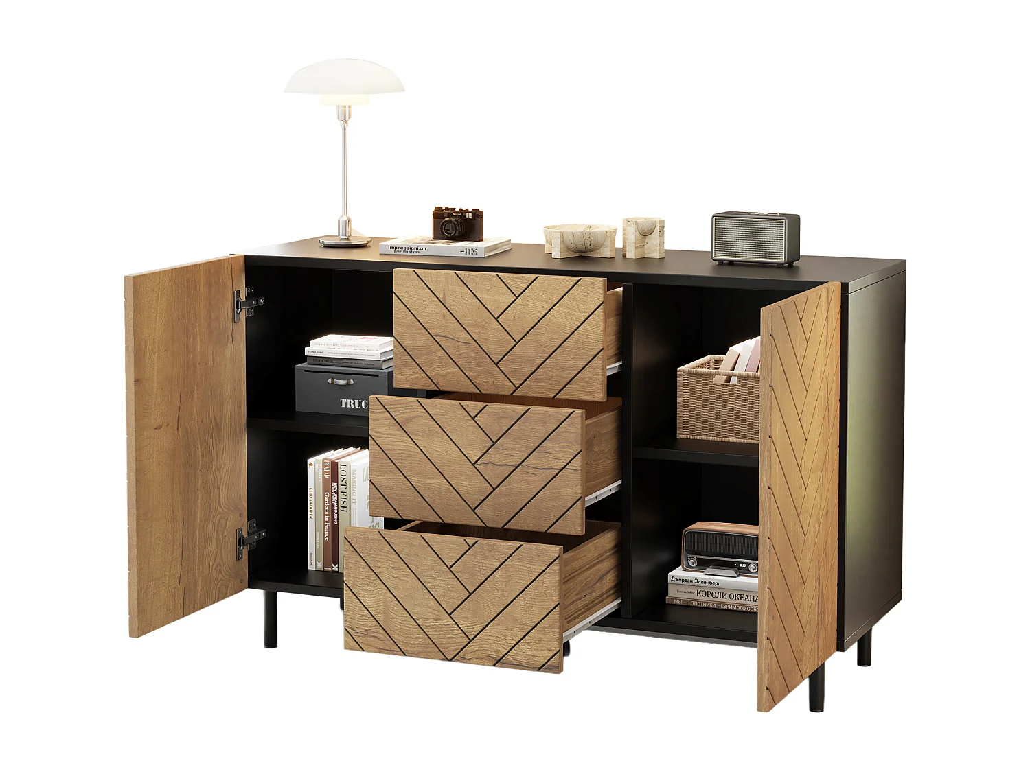 Modern dressoir voor de woonkamer - 120 x 40 x 76 cm - met 3 lades + 2 deuren - spaanplaat - naturel