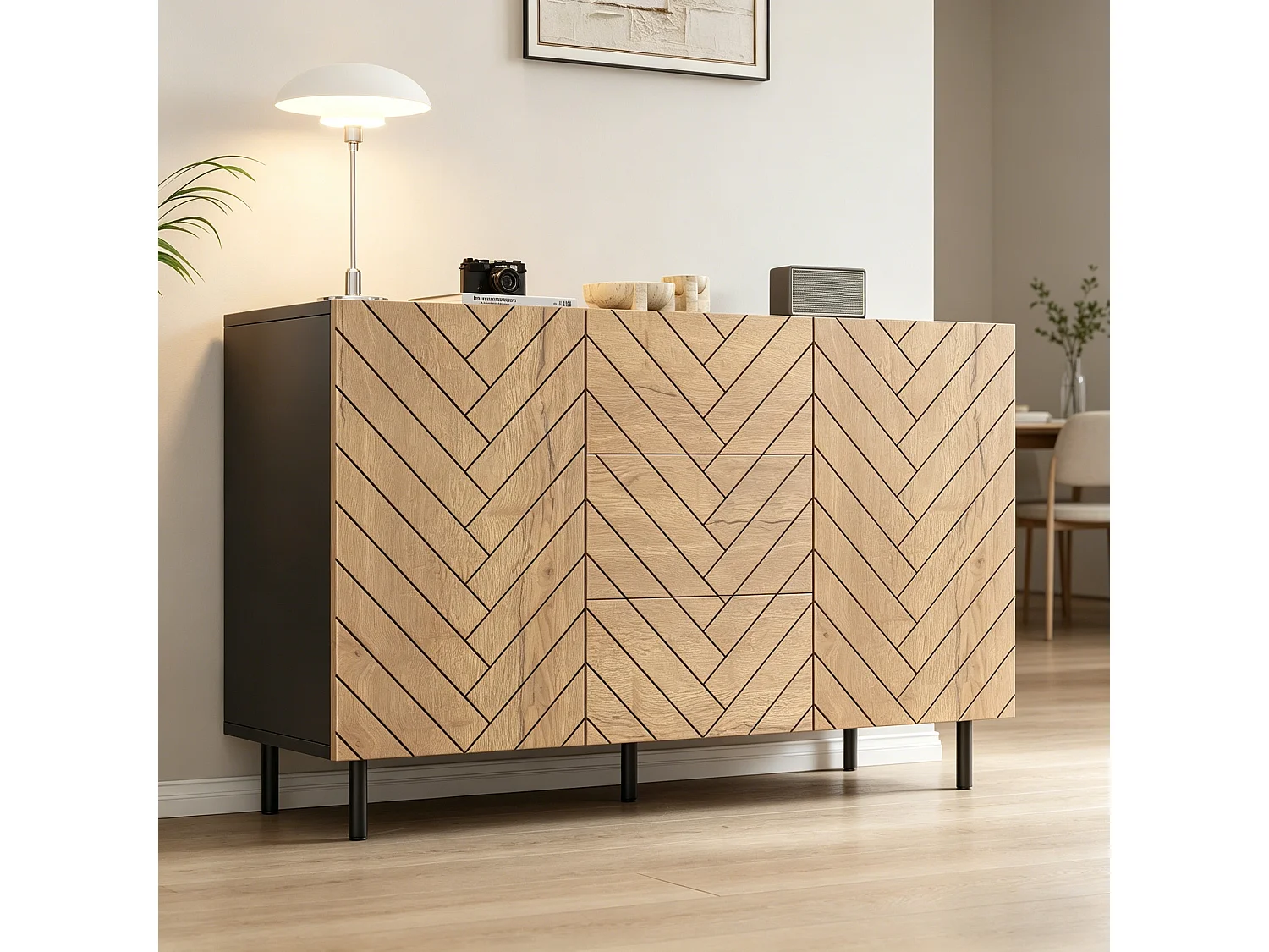 Modern dressoir voor de woonkamer - 120 x 40 x 76 cm - met 3 lades + 2 deuren - spaanplaat - naturel