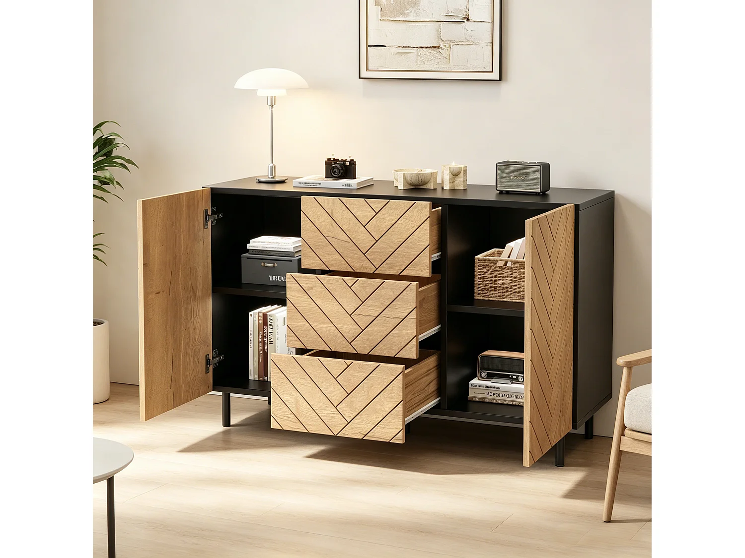 Modern dressoir voor de woonkamer - 120 x 40 x 76 cm - met 3 lades + 2 deuren - spaanplaat - naturel