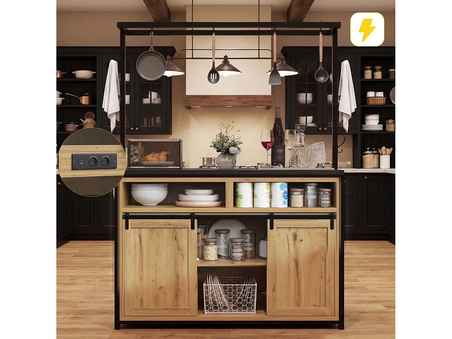 Îlot central avec plan de travail - 107 x 62 x 183 cm - avec étagère + portes coulissantes - MDF + métal - naturel