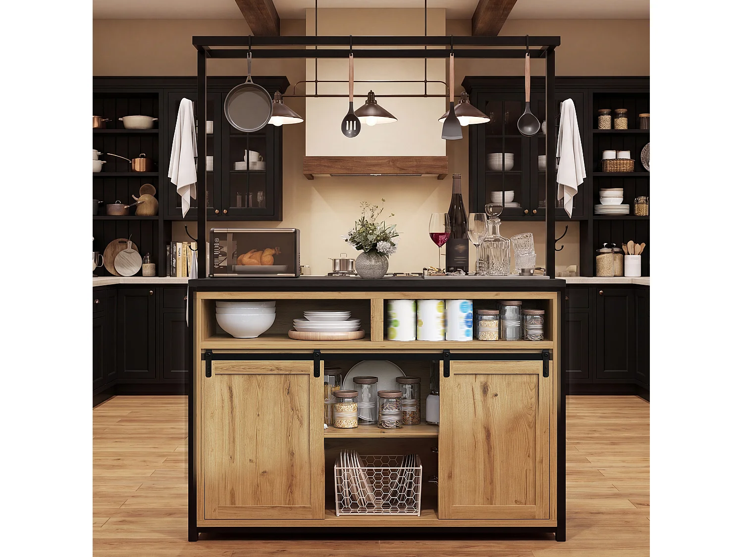 Îlot central avec plan de travail - 107 x 62 x 183 cm - avec étagère + portes coulissantes - MDF + métal - naturel