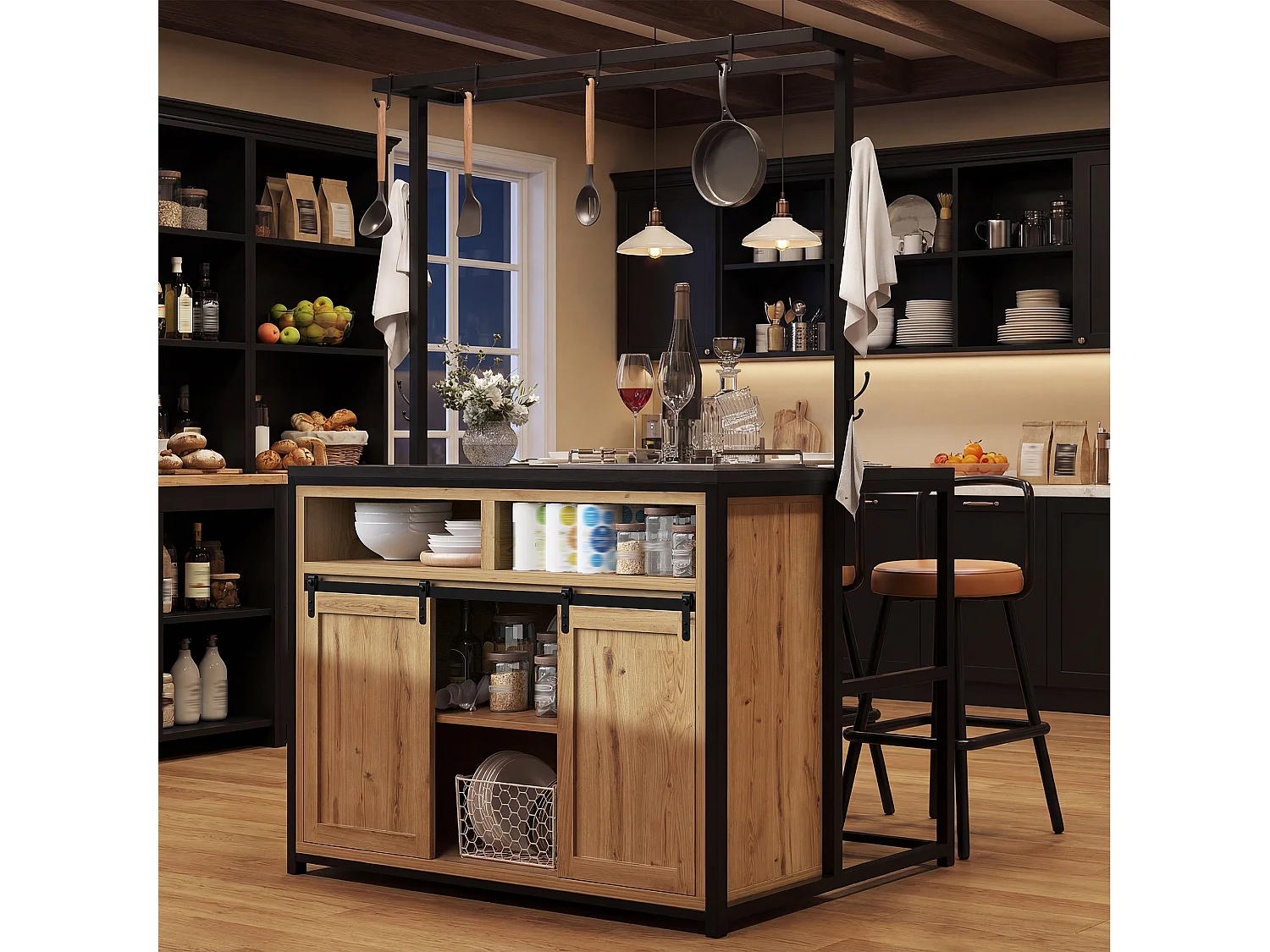 Îlot central avec plan de travail - 107 x 62 x 183 cm - avec étagère + portes coulissantes - MDF + métal - naturel