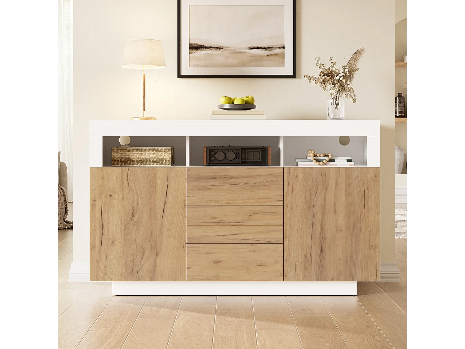 Modernes Sideboard fürs Wohnzimmer – 140 x 40 x 85 cm – mit 3 Schubladen und 2 Türen – Spanplatte – weiß + natur