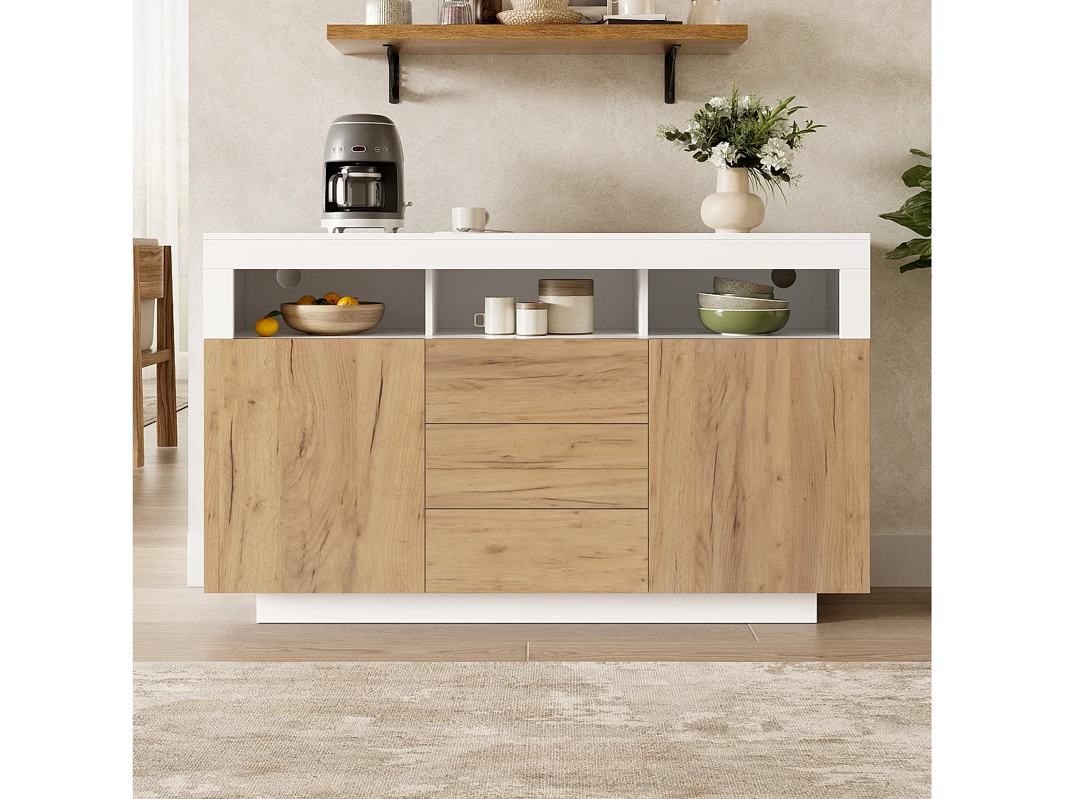 Modernes Sideboard fürs Wohnzimmer – 140 x 40 x 85 cm – mit 3 Schubladen und 2 Türen – Spanplatte – weiß + natur